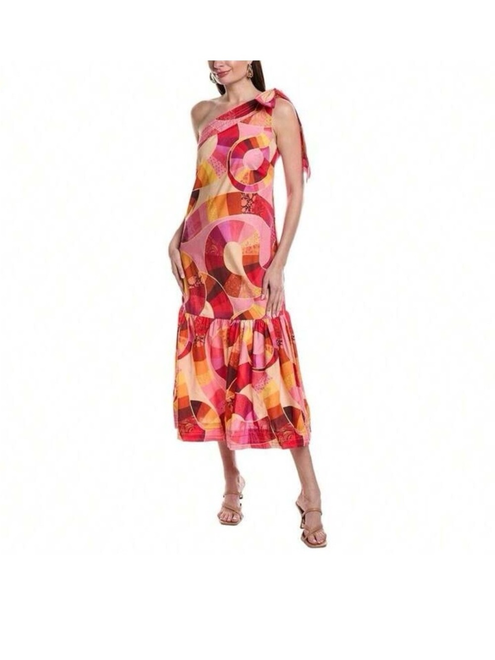 FARM Rio One-Shoulder Pink & Orange Patch twirl Midi Dress